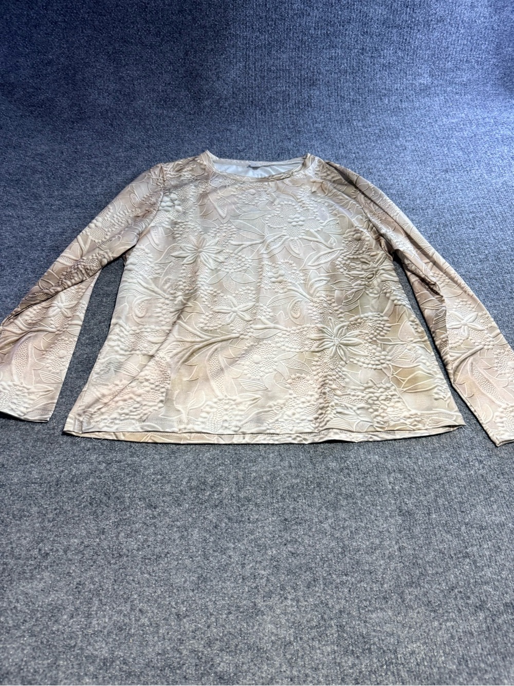 Floral Embossed Long Sleeve Crewneck Top in Beige
